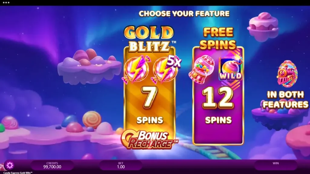Candy Express Gold Blitz slot game interface featuring colourful candy train theme