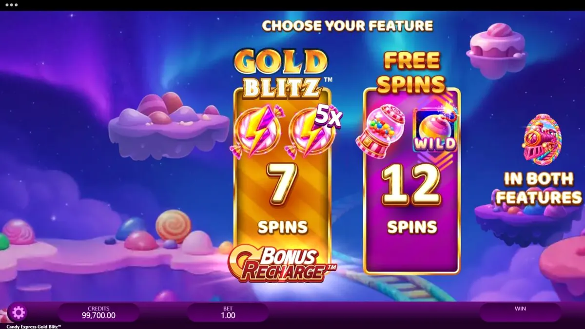 Candy Express Gold Blitz slot game interface featuring colourful candy train theme