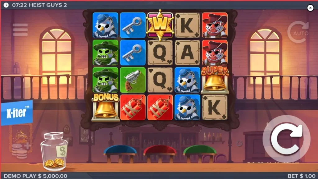 Heist Guys 2 سلاٹ گیم کا ایک منظر جس میں وائلڈ ویسٹ تھیم اور کردار دکھائے گئے ہیں۔